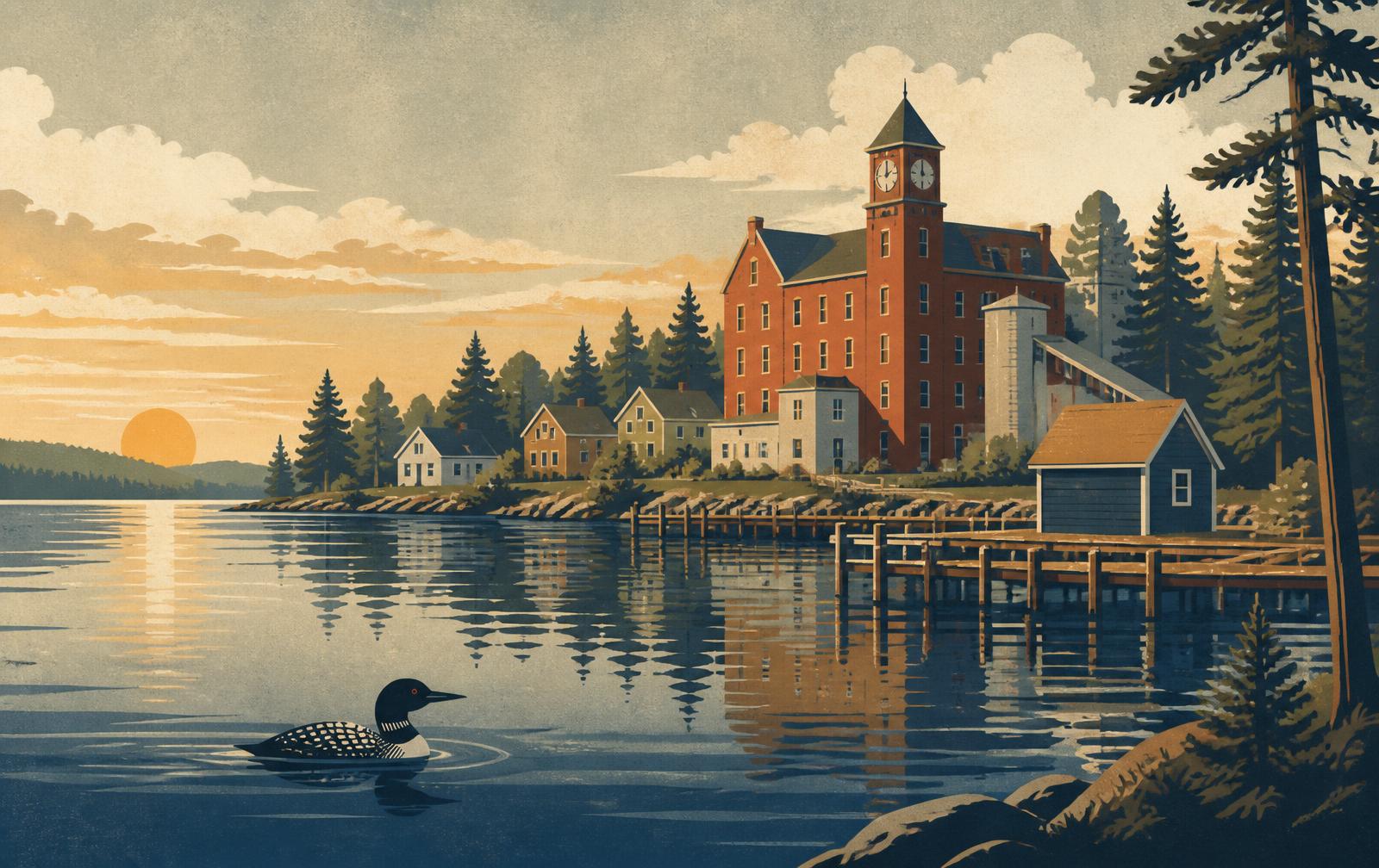 Dawn over Lake Solveig, with the Old Mill clock tower above the harbor docks